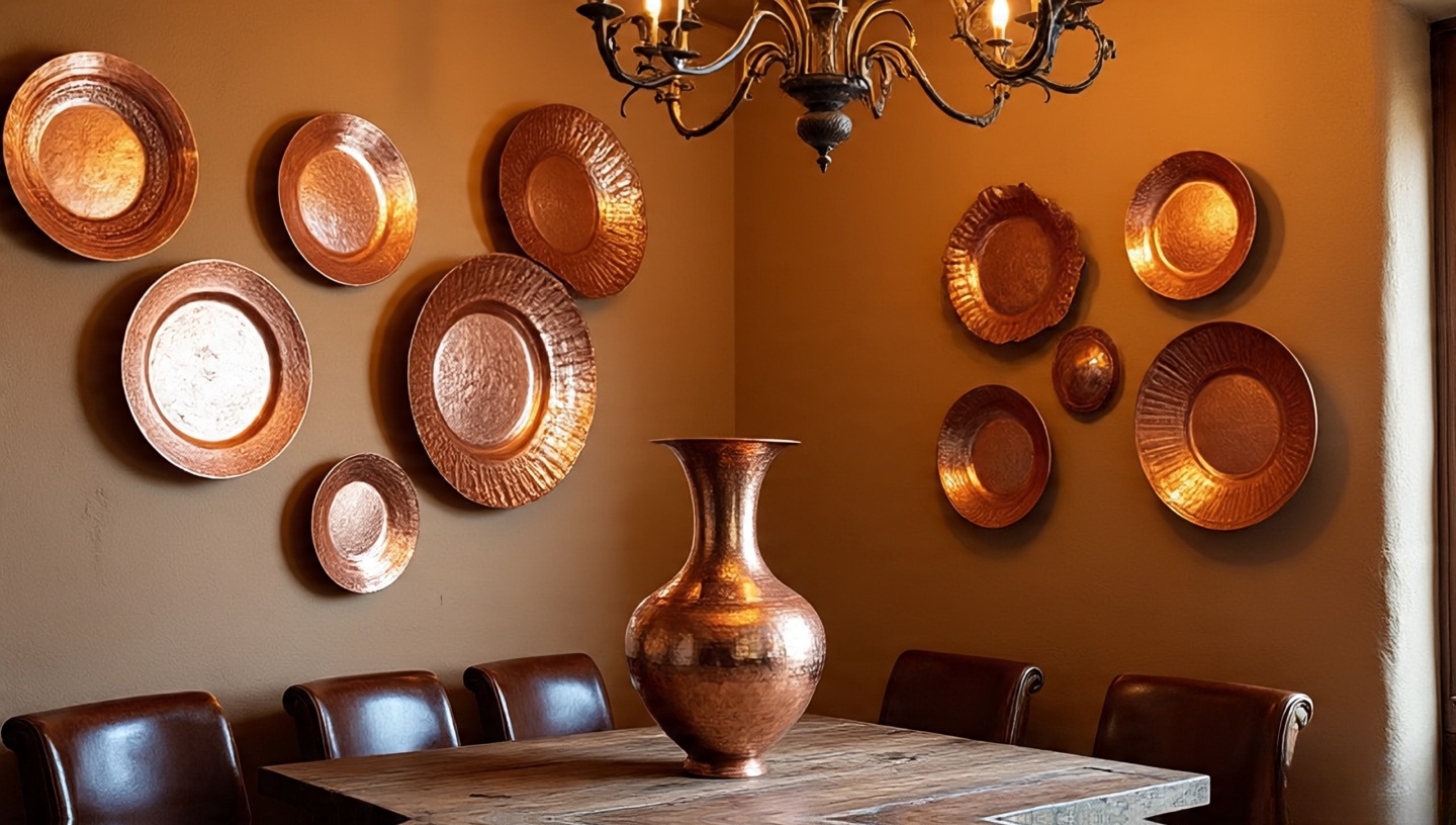 Dining room with copper accents including light fixtures and decorative items