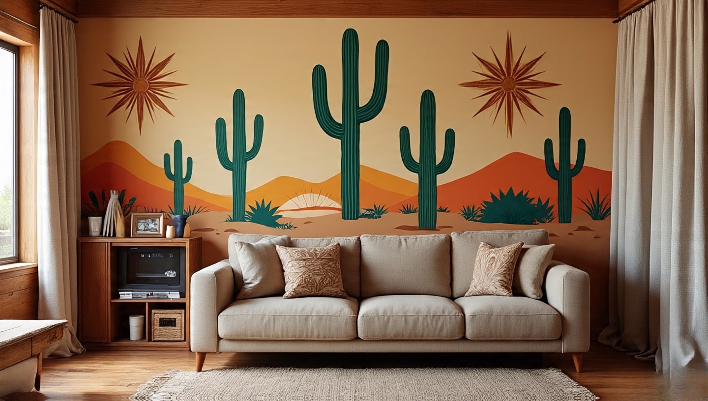Accent wall with bold desert motif wallpaper featuring cacti silhouettes