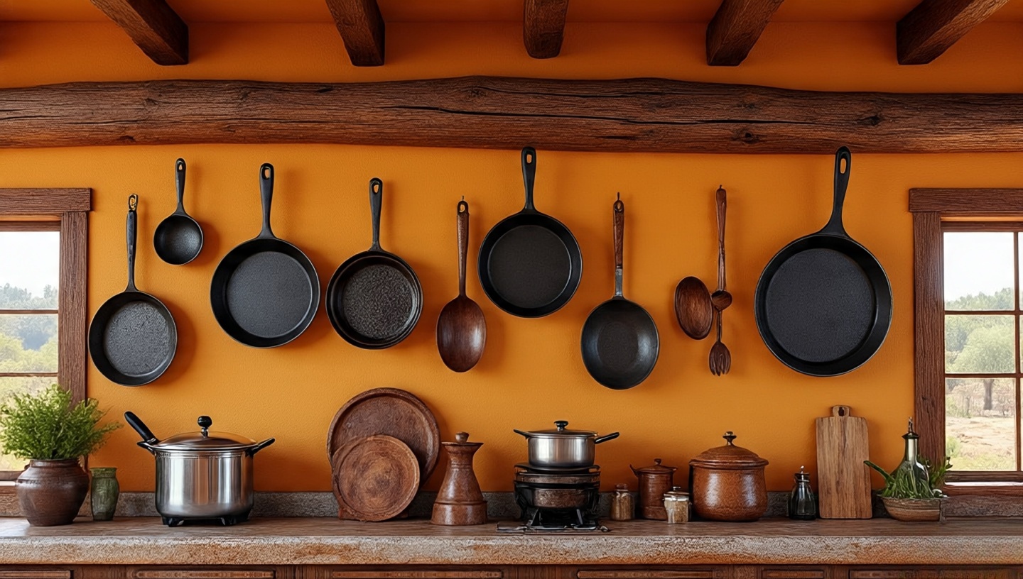 Vintage cast iron pans and wooden spoons hung on a kitchen wall