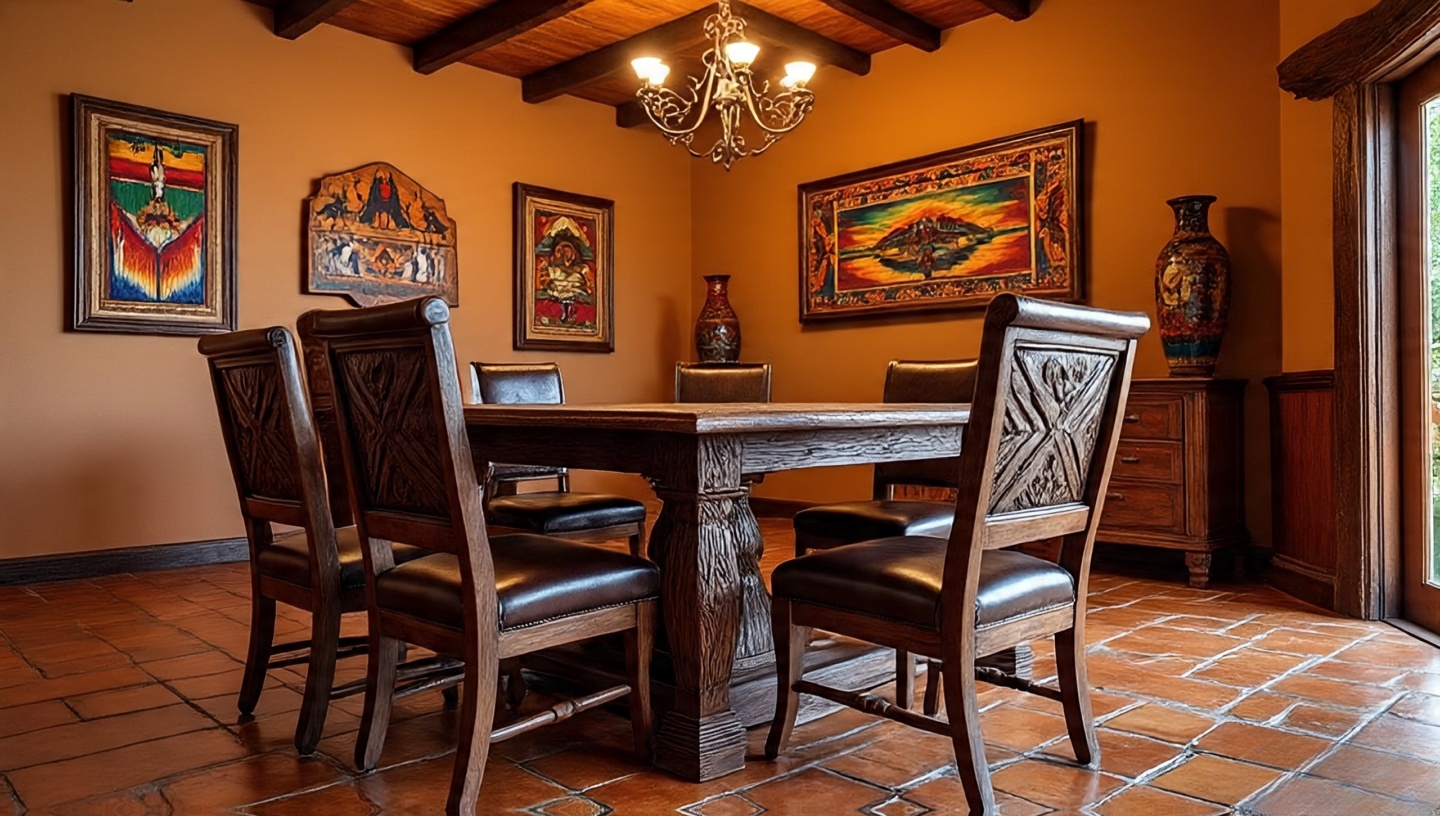 Seating-focused Southwestern dining room with leather chairs and rustic table