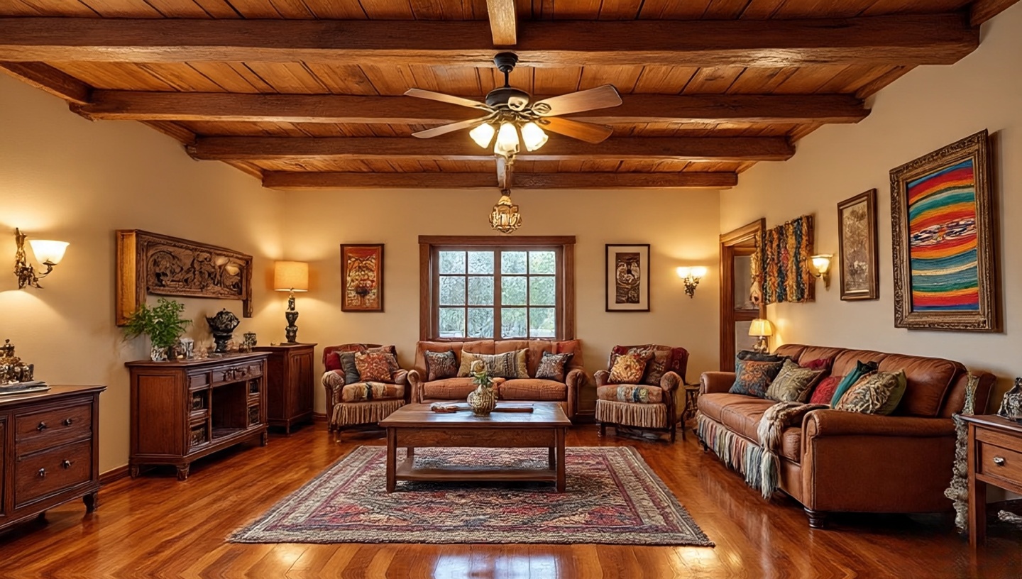 Ceiling fan with wood-tone blades and black hardware