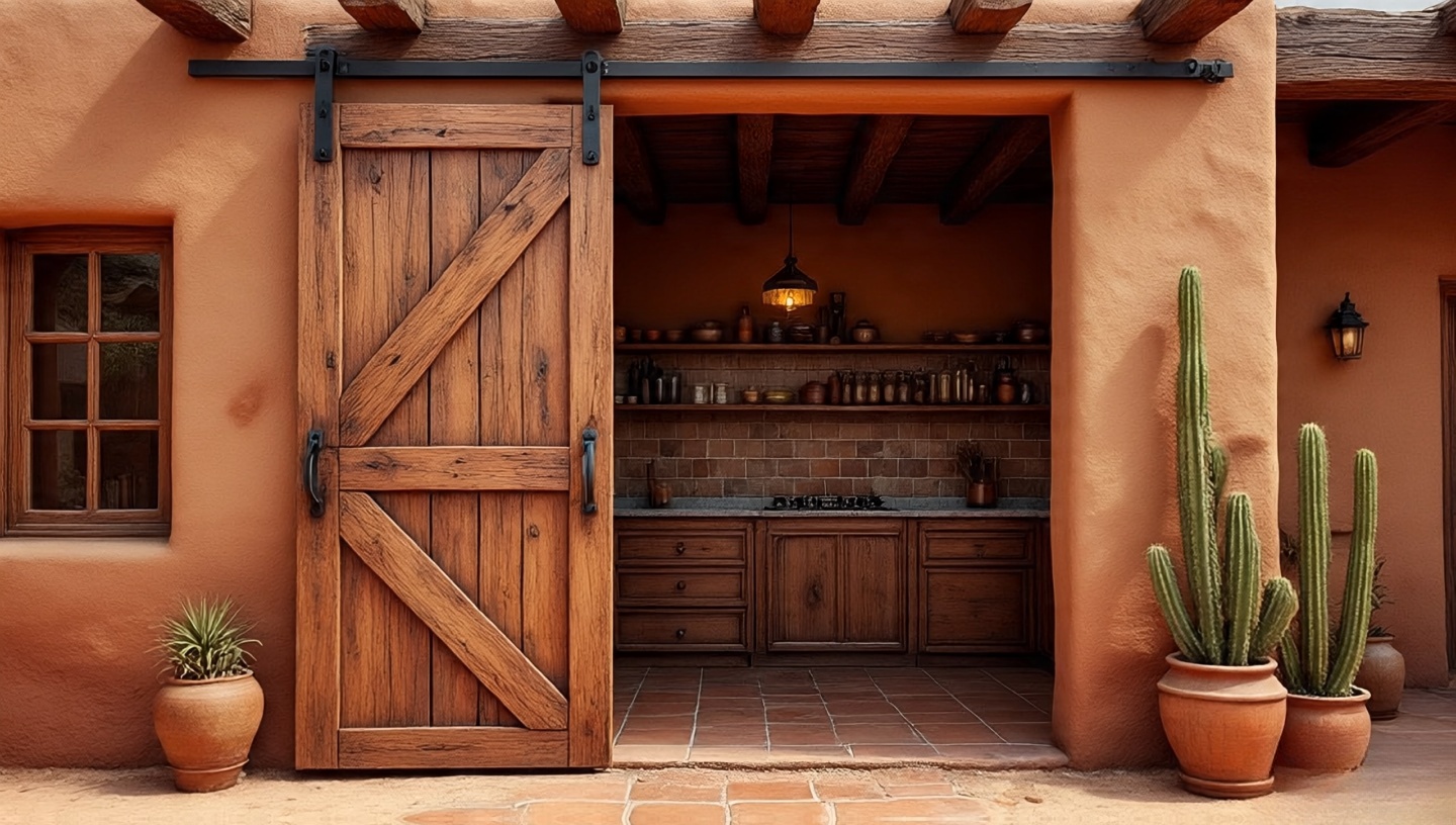 Wooden sliding barn door with iron hardware