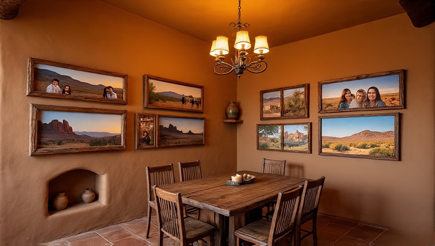 Southwestern dining room with a storytelling corner featuring family photos in rustic frames