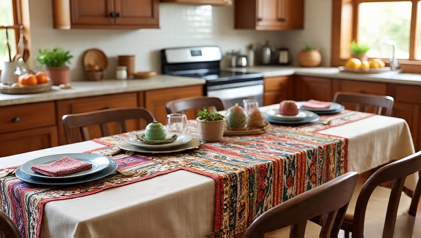 Layered table runners and cloths in Southwestern patterns