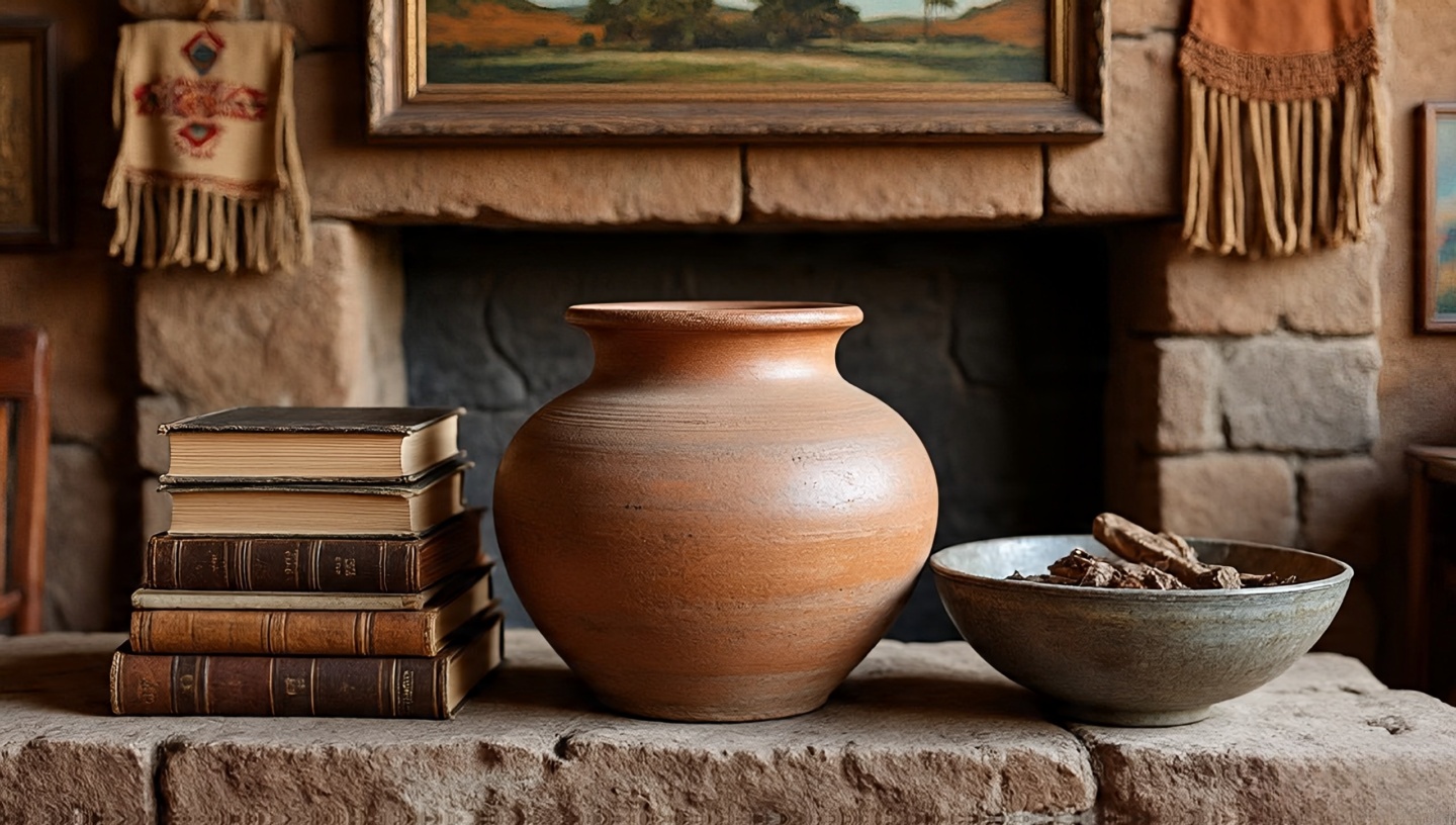 Minimal mantel decor with one large vessel, stacked books and low bowl