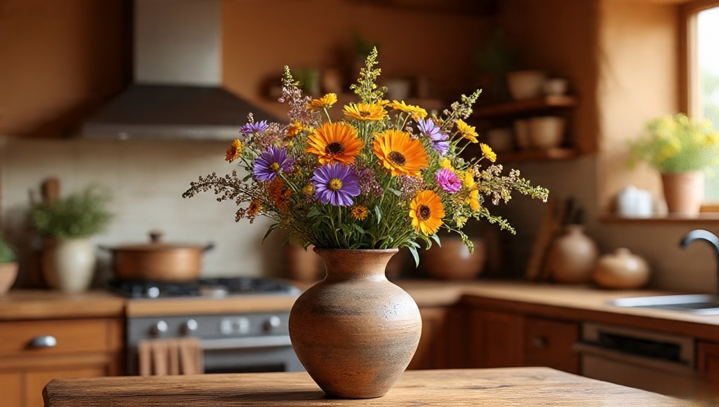 Large clay vase with dried desert wildflowers