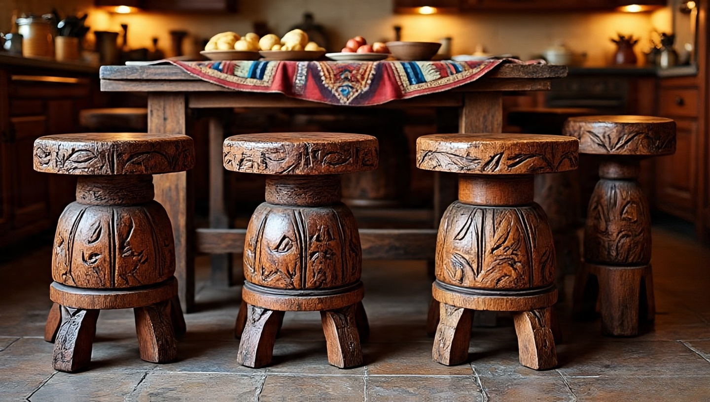 Hand-carved wooden kitchen stools with natural imperfections