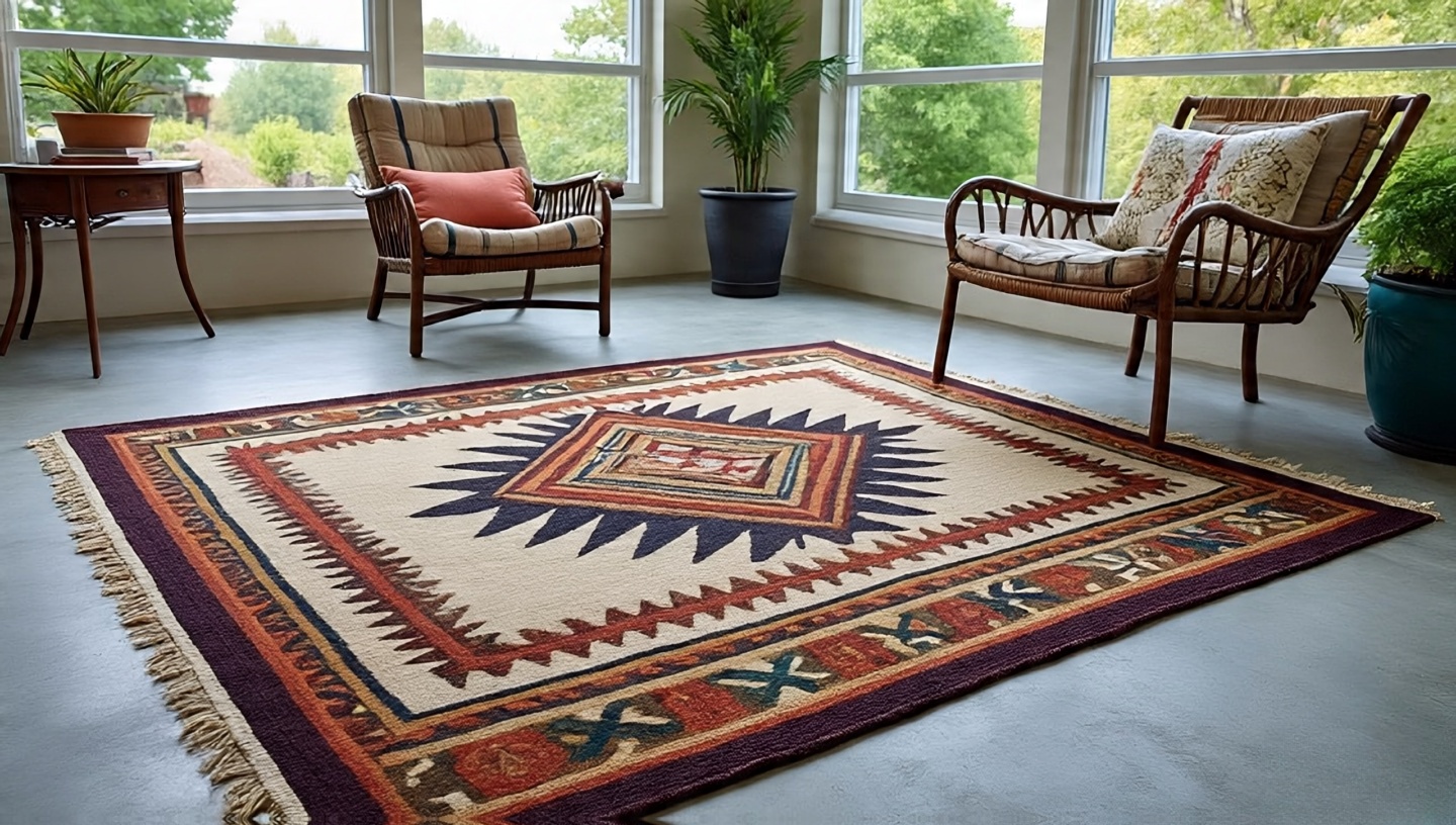 Indoor-outdoor Southwestern rug in mudroom