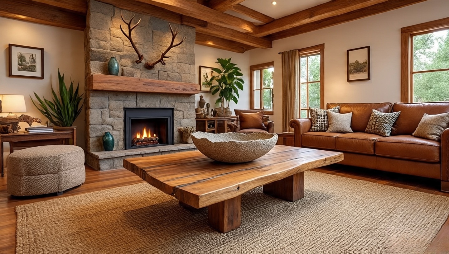 Driftwood sculpture and stone bowl on coffee table
