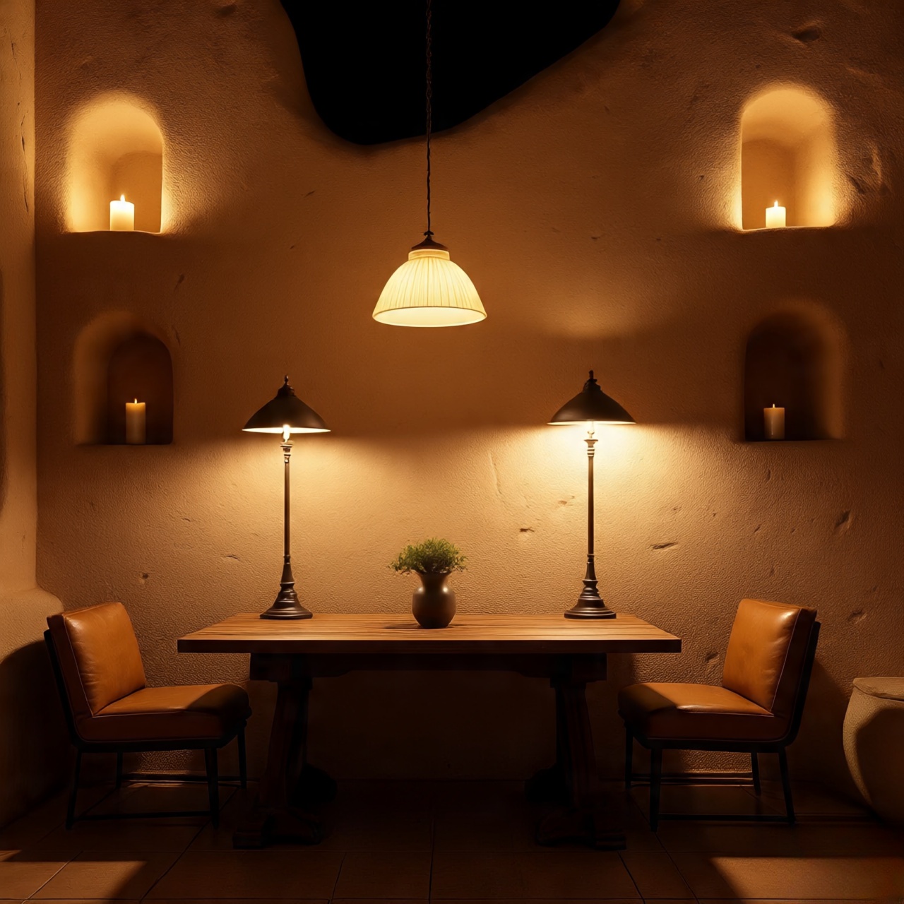 Southwestern rustic room with layered lights creating dramatic, desert-like shadows and depth