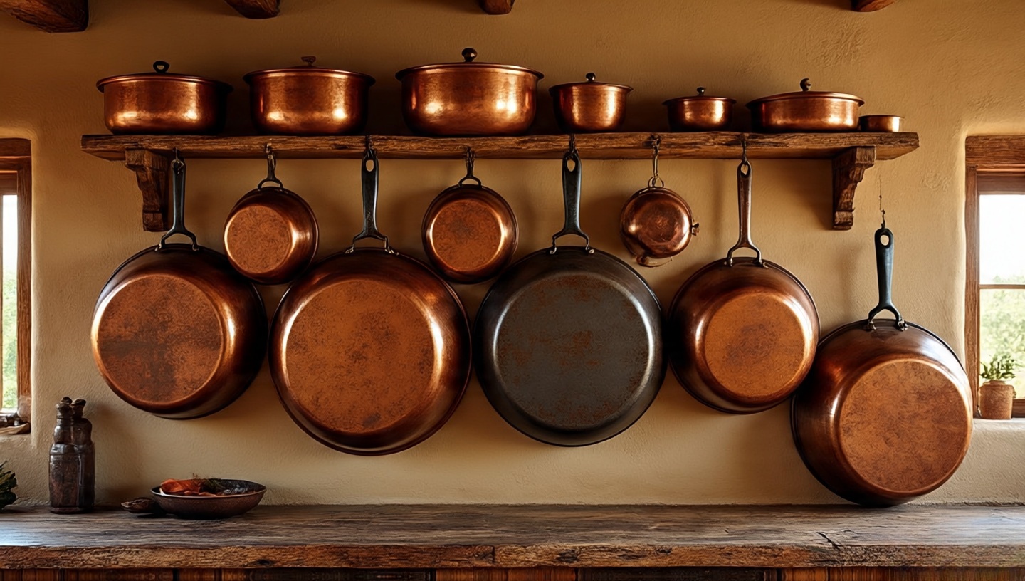 Vintage copper pots hanging on a wrought iron rack in a Southwestern-style kitchen