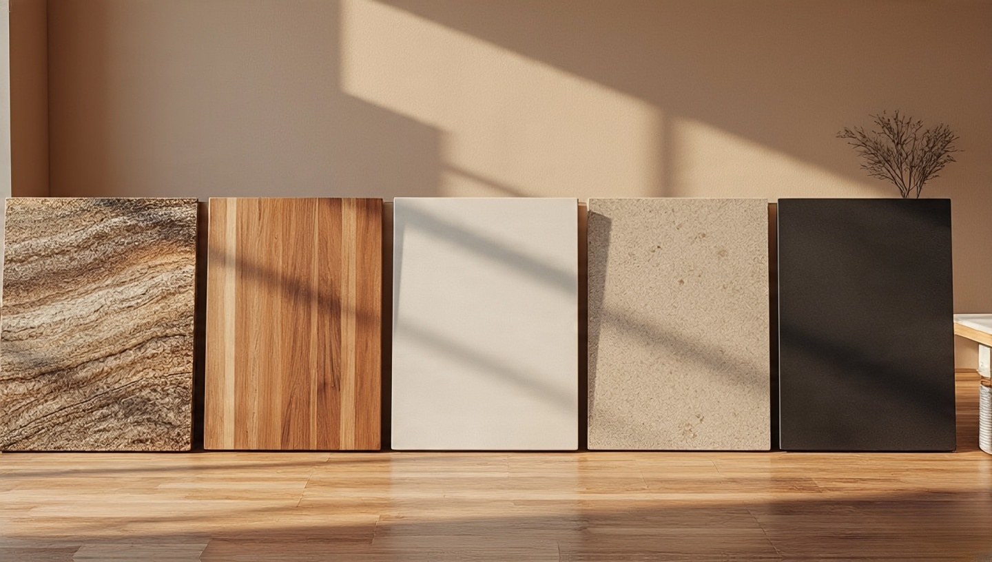 Lineup of countertop materials: earthy-swirled granite, warm butcher block, polished and raw concrete, creamy quartz, and matte dark soapstone against adobe wall