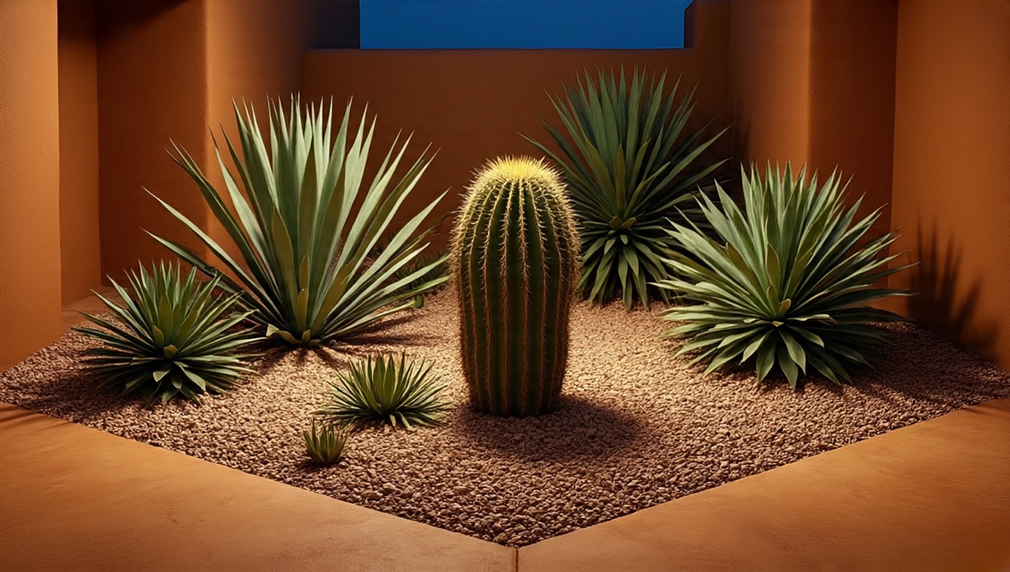 Drought-tolerant desert plants including cactus, agave and yucca in Southwestern patio garden