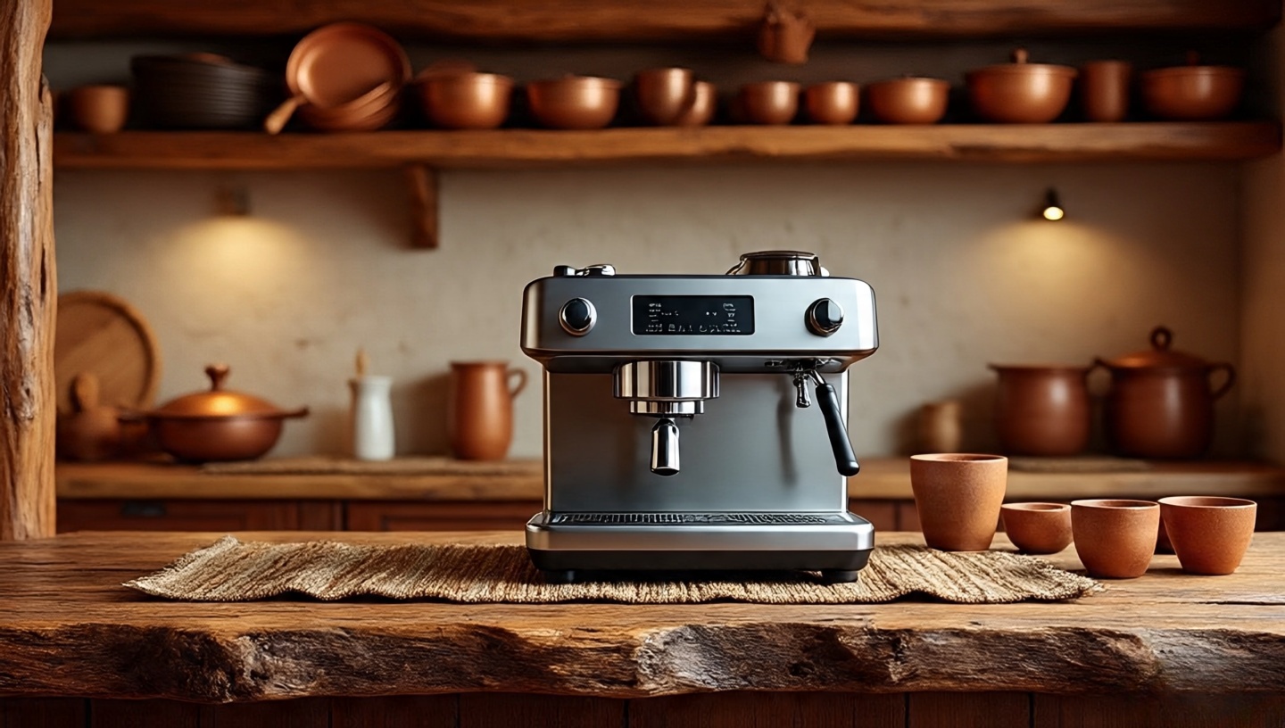 Rustic wooden countertop with modern espresso machine in Southwestern kitchen