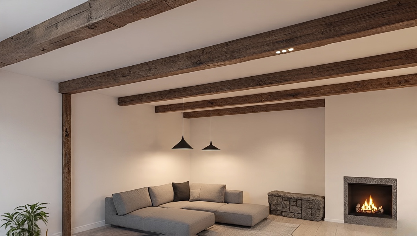 Southwestern living room with exposed wooden beams and contemporary pendant lighting balancing rustic and modern elements