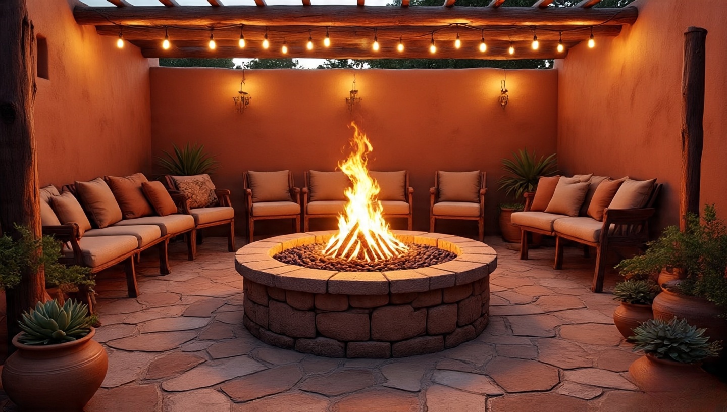 Southwestern stone fire pit with glowing lava rocks, adobe bench seating, wooden chairs, and string lights in a cozy backyard