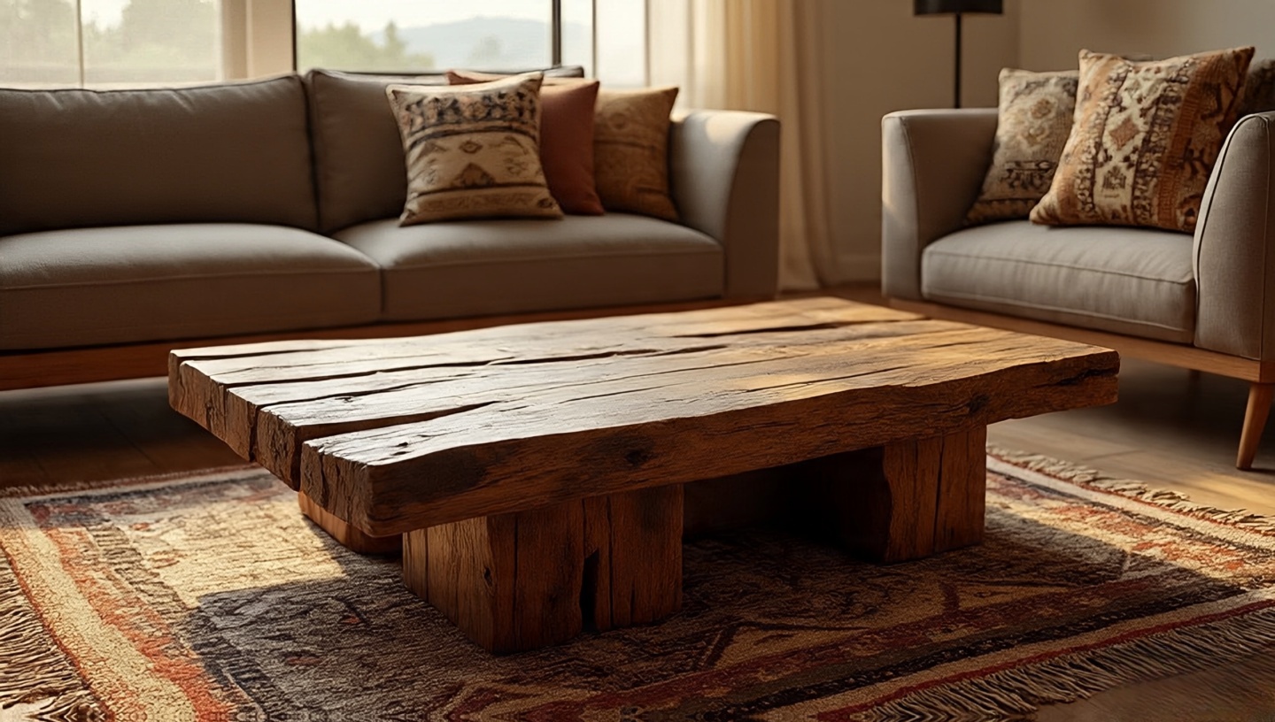 Reclaimed wood Southwestern coffee table paired with a sleek low mid-century sofa over a Zapotec rug for balanced contrast