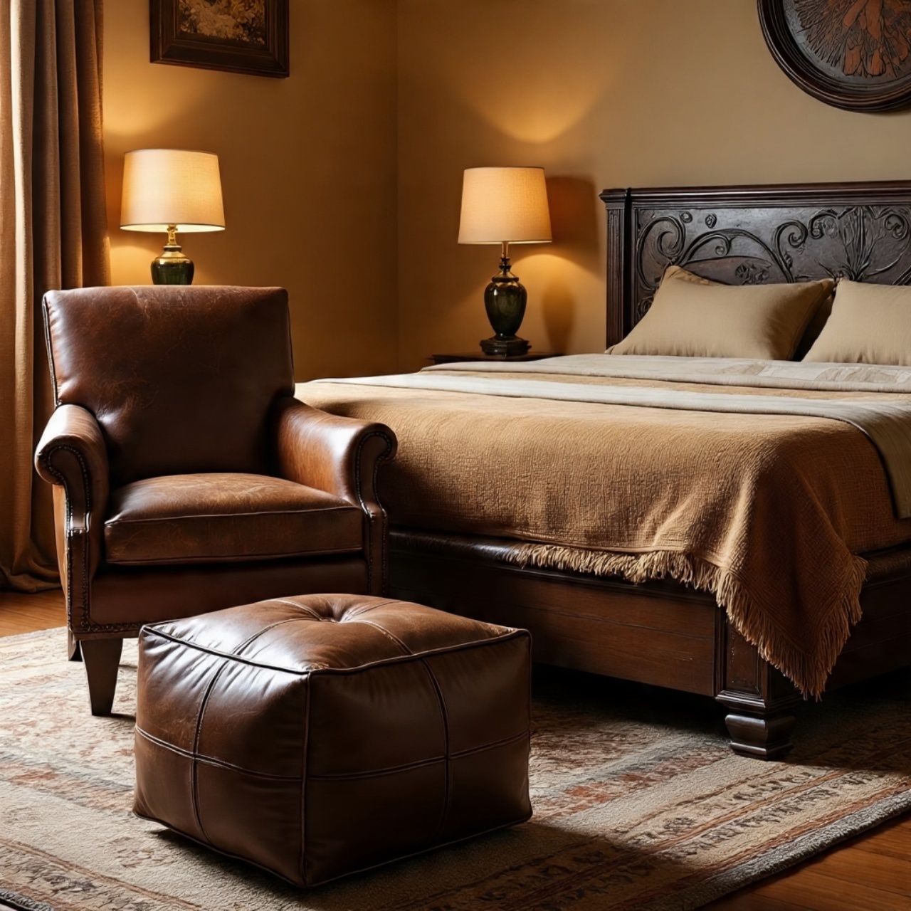 Southwestern bedroom decor with leather accent chair and accessories