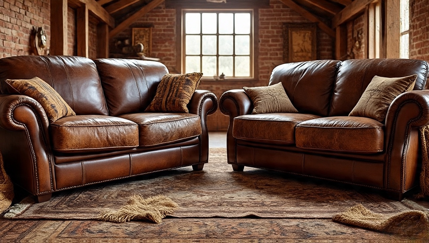 Aged cognac leather sofa with cream throws and woven pillows in Southwestern living room