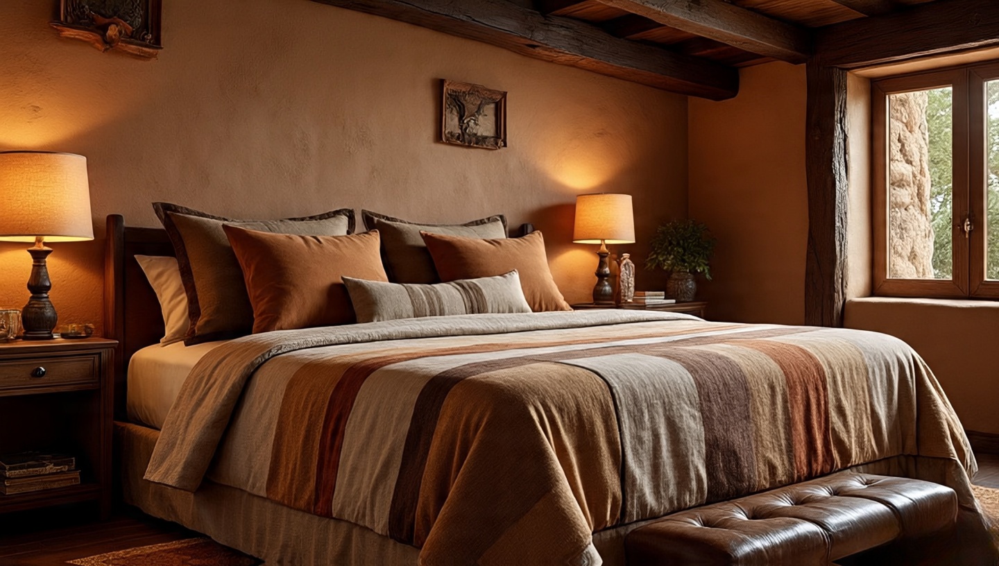 Linen duvet with suede and leather accent pillows plus a leather bed runner in an adobe-walled Southwestern bedroom