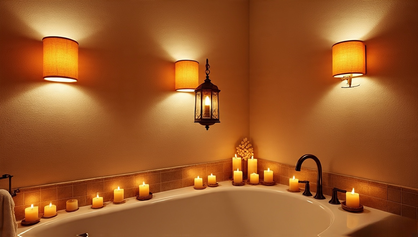 Warm amber sconces and lantern casting patterned light in desert-inspired bathroom