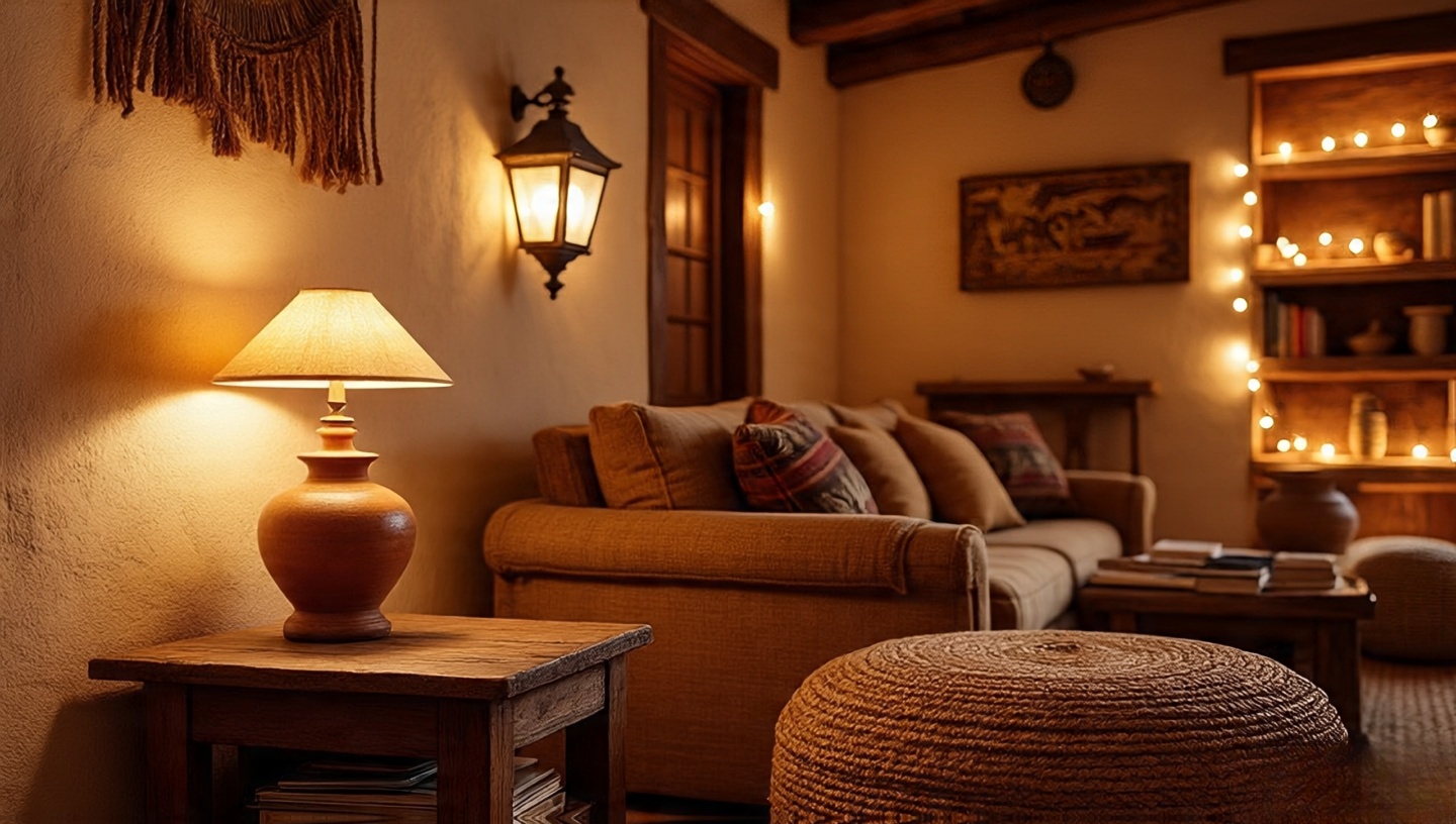 Warm Southwestern lighting with clay table lamp, lantern-style sconces, and subtle string lights creating a cozy golden glow in a small apartment living room