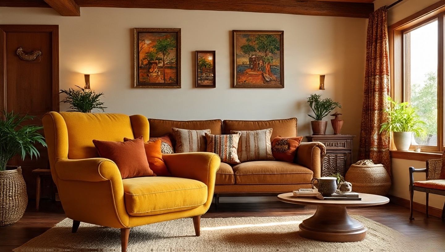 Mustard Yellow and Burnt Orange Southwestern Living Room