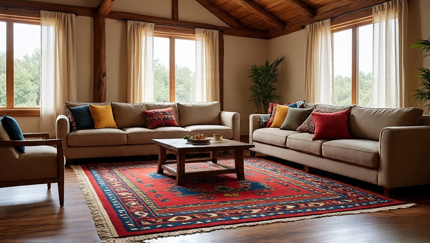 Authentic Navajo area rug with geometric patterns in earthy tones anchoring a Southwestern living room