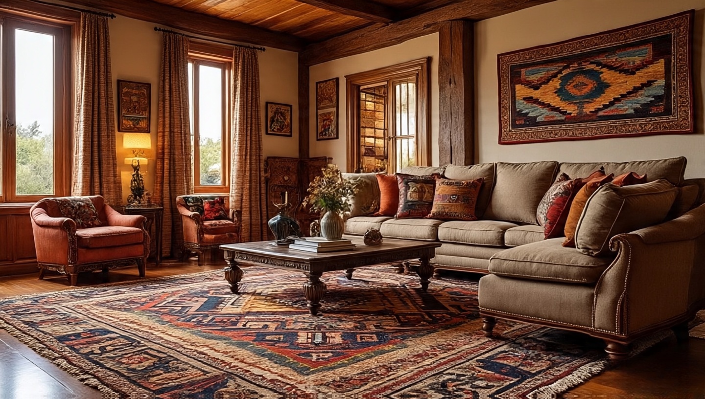 Vibrant Navajo patterned rug as focal point in Southwestern style living room with earthy tones
