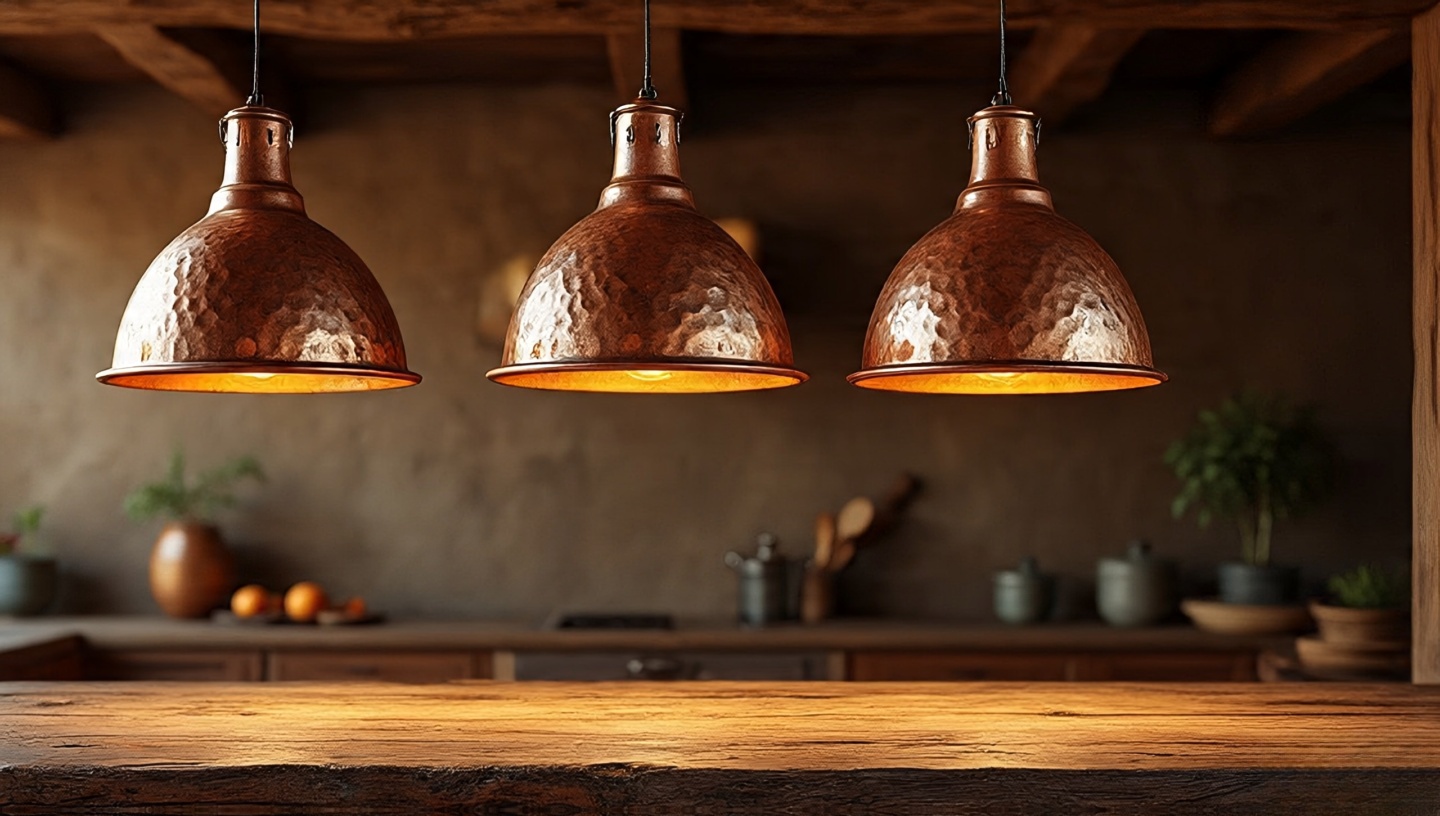 Trio of copper pendant lights hanging over a rustic kitchen island at dusk