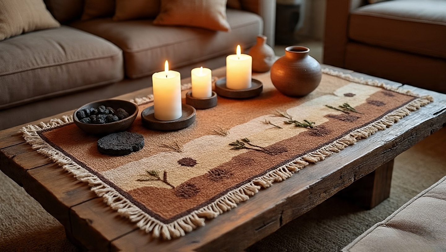 Small Southwestern rug used as a coffee table accent with candles and lava rock coasters