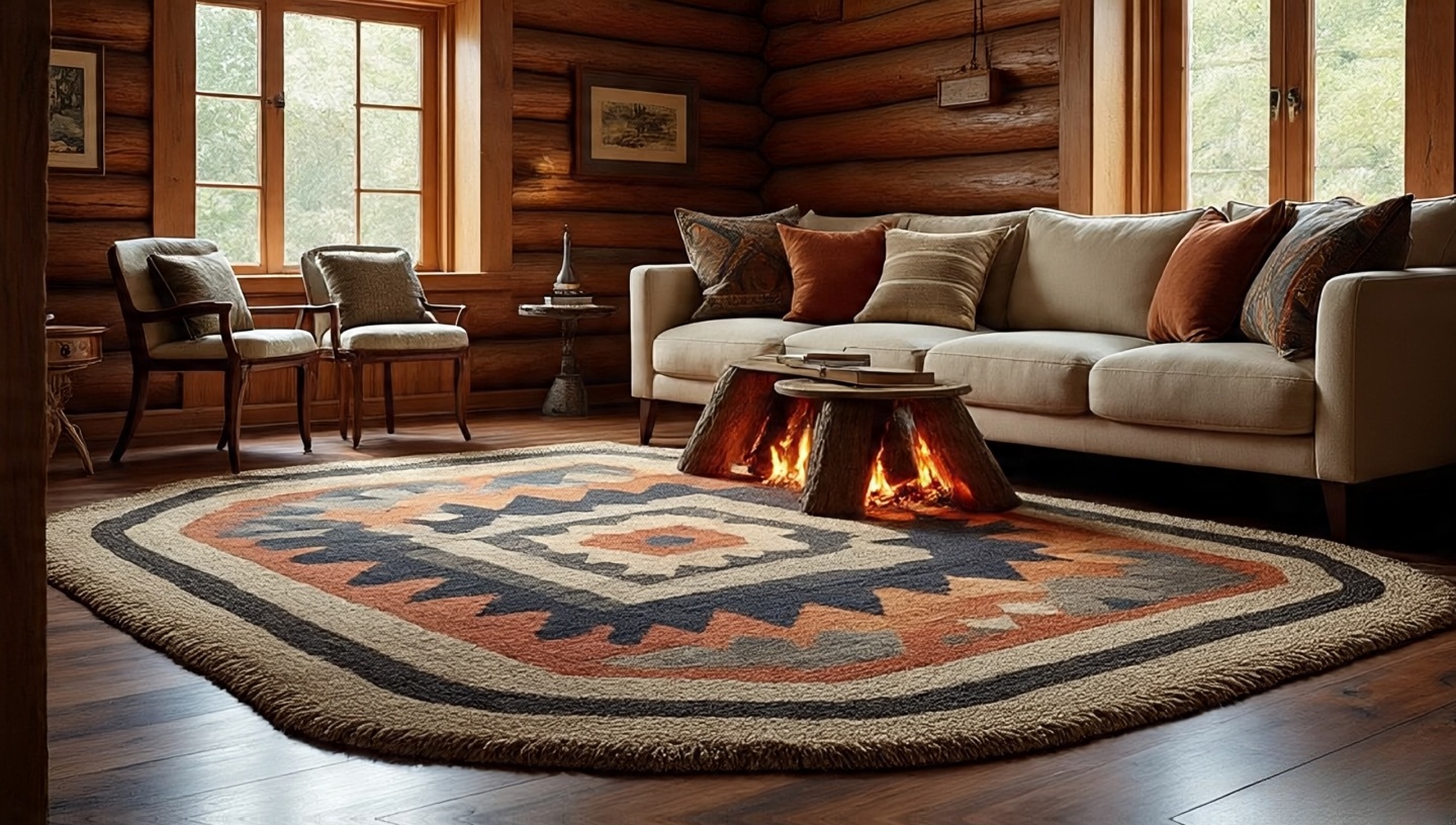 Large wool rug anchoring a campfire-circle seating layout with front furniture legs on the rug