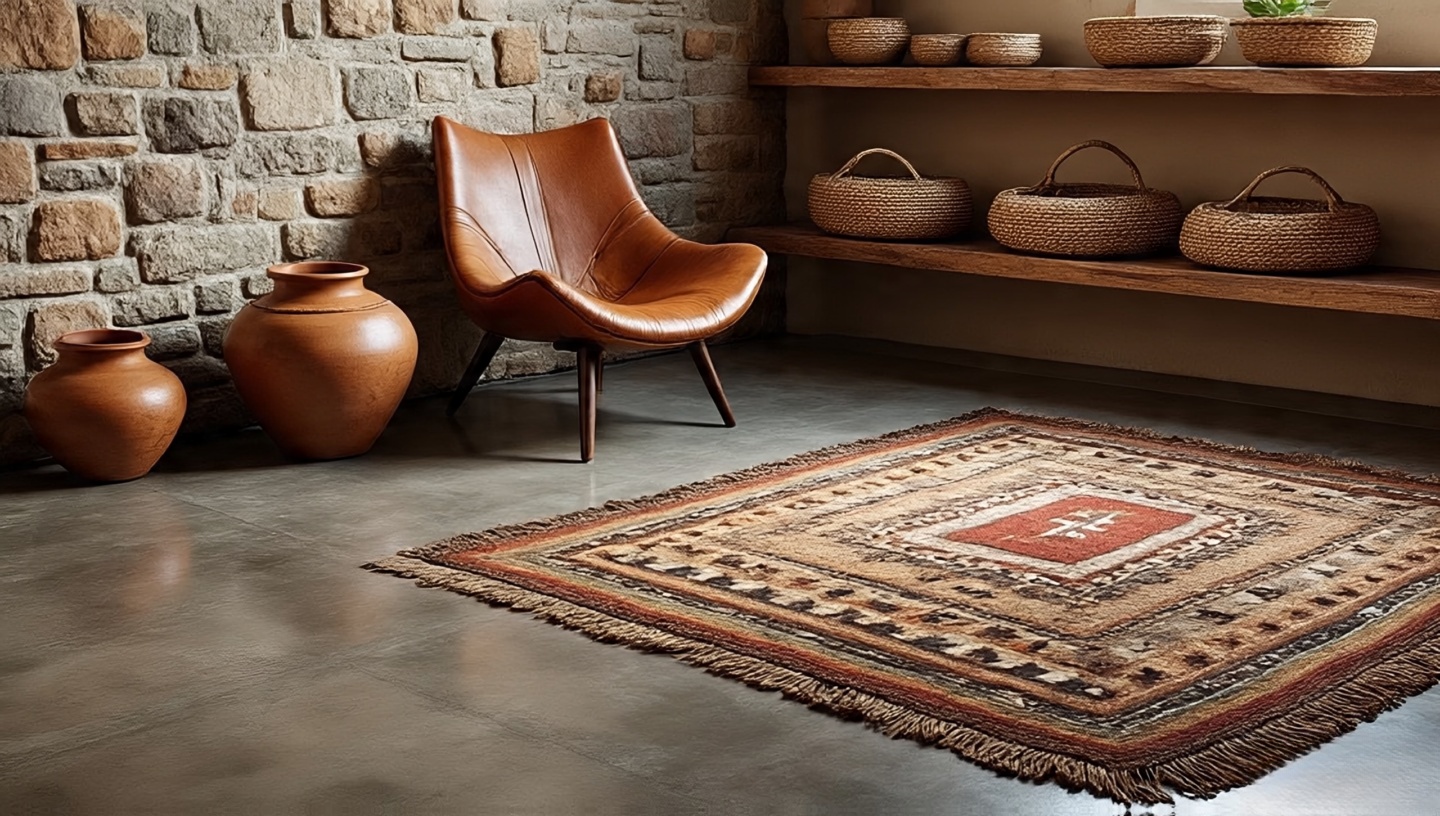 Southwestern rustic textures with stone fireplace clay pots woven baskets and hand-loomed rug