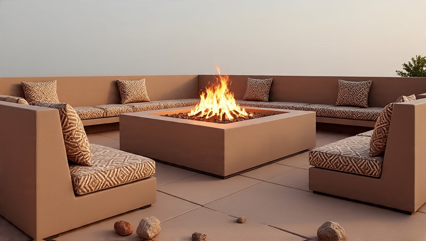 Different fire pit shapes including circular square and horseshoe in a Southwestern patio