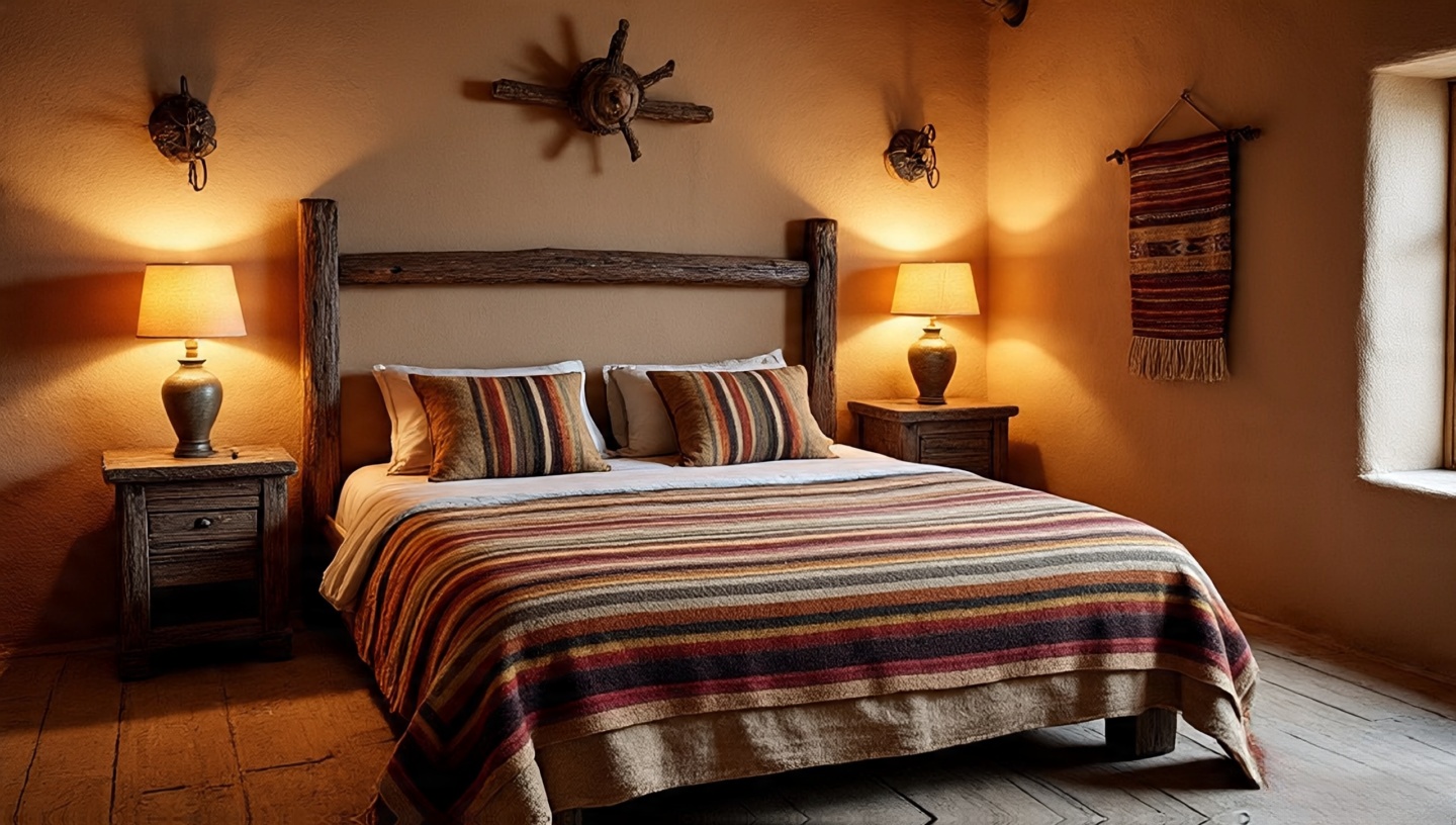 Rustic Southwestern bedroom with rough wood headboard, stone nightstands and pottery lamps