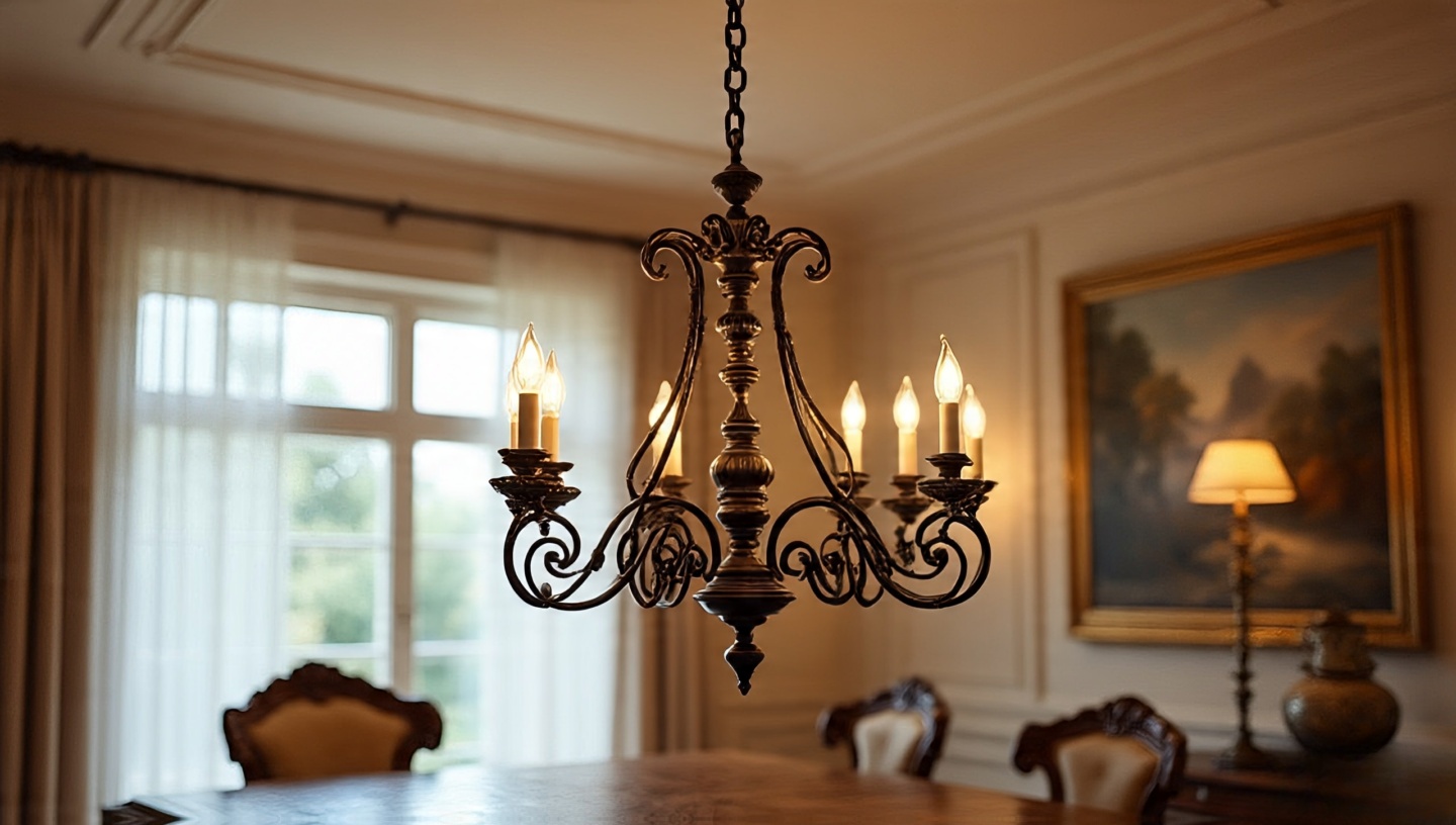 Large wrought iron chandelier hanging over a Southwestern dining table