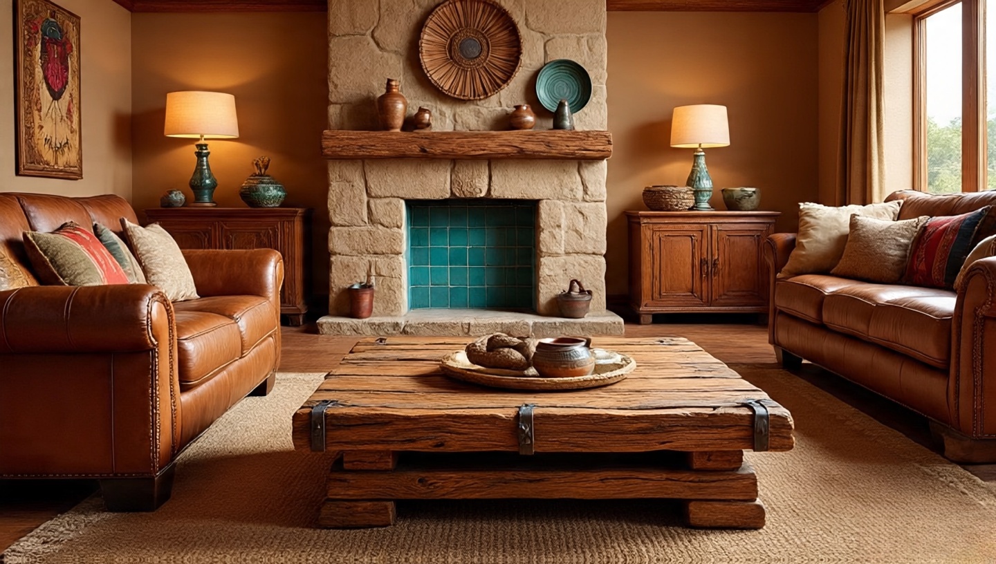 Authentic Southwestern living room with chunky carved pine table, wide leather sofa, Pueblo pottery, and stone fireplace