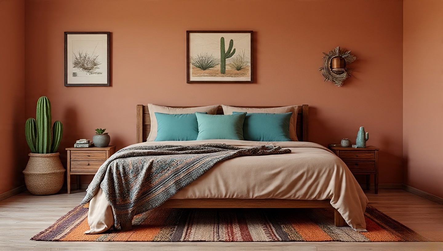 Southwestern color palette bedroom with adobe-red accent wall, turquoise pillows and patterned throw