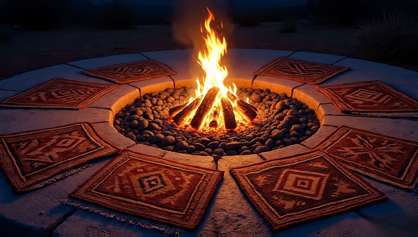 Desert-inspired outdoor fire pit surrounded by small Southwestern rugs laid over concrete slabs with lava rocks
