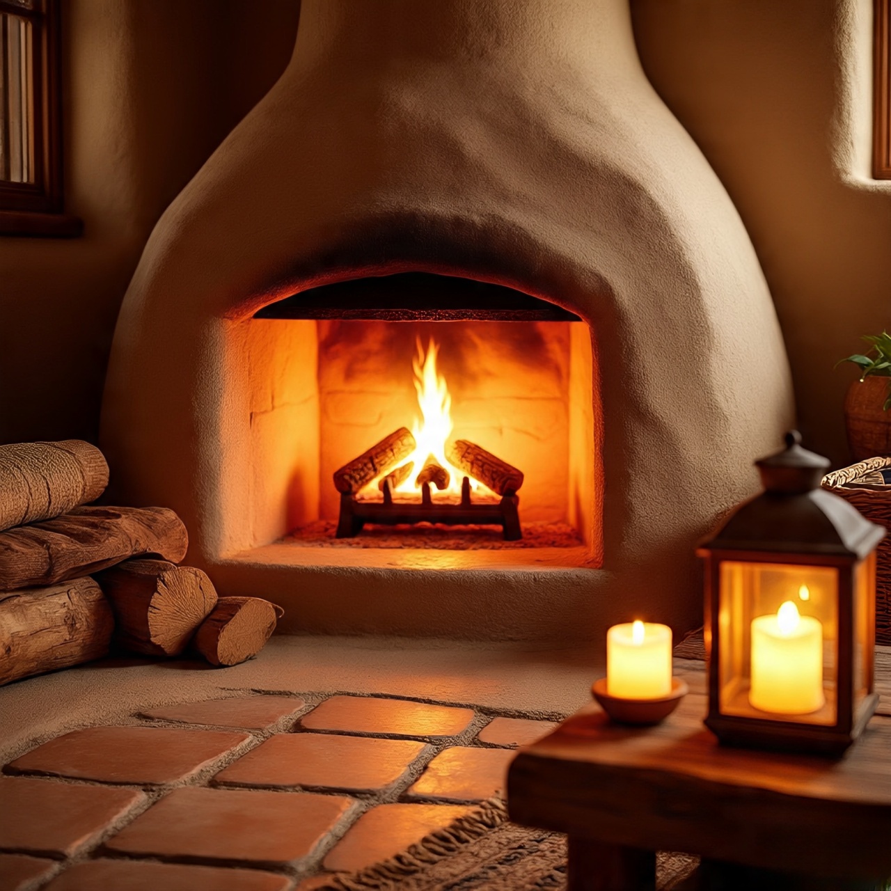 Kiva-style adobe fireplace casting warm flickering light across rustic walls and textiles