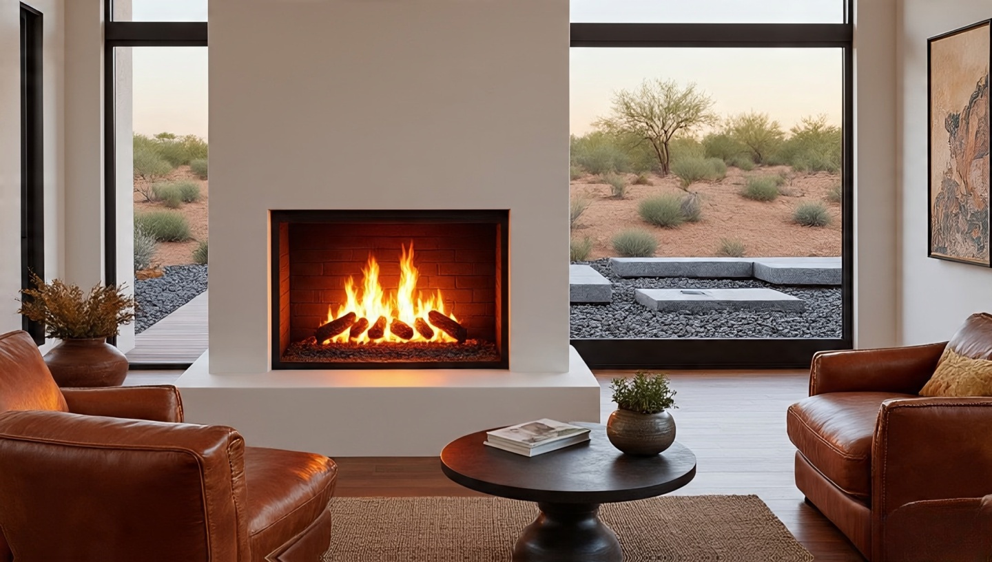 Southwestern kiva fireplace indoors and modern stone fire pit outdoors in a desert courtyard
