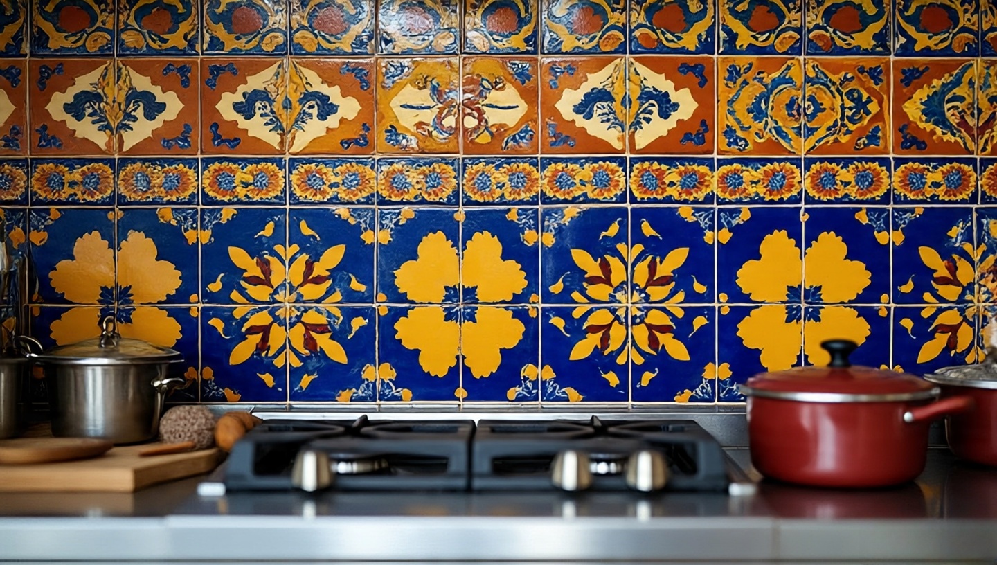 Colorful hand-painted Talavera tile backsplash in a Southwestern kitchen