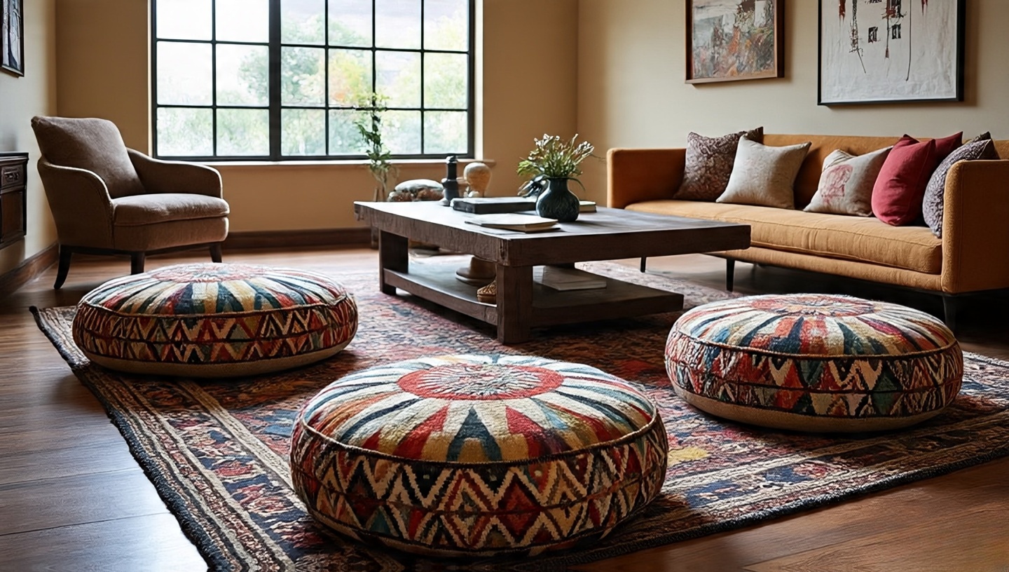 Colorful Kilim poufs and floor cushions used as flexible seating in a Southwestern style space