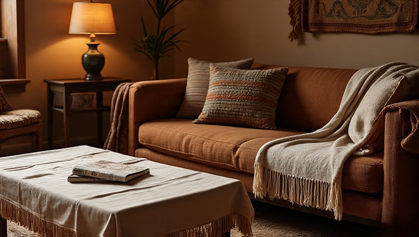 Layered wool throws, tassel pillows and linen covers on Southwestern-style sofa