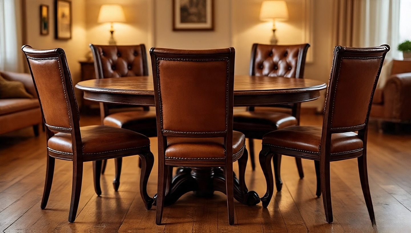 Brown leather dining chairs around a rustic table in a Southwestern dining setting