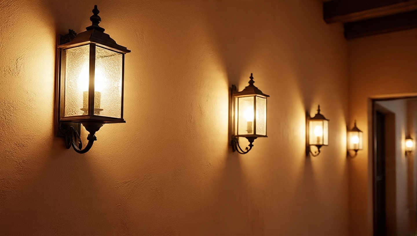 Long corridor with lantern-style wall sconces featuring seeded glass and dimmable bulbs