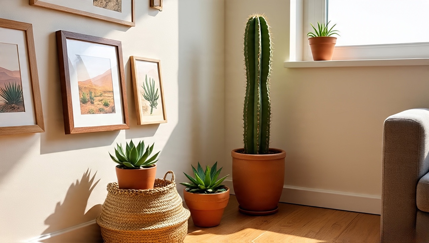 Desert plants arrangement with tall cactus in clay pot, succulents and aloe in terracotta planters on a window sill in a Southwestern apartment