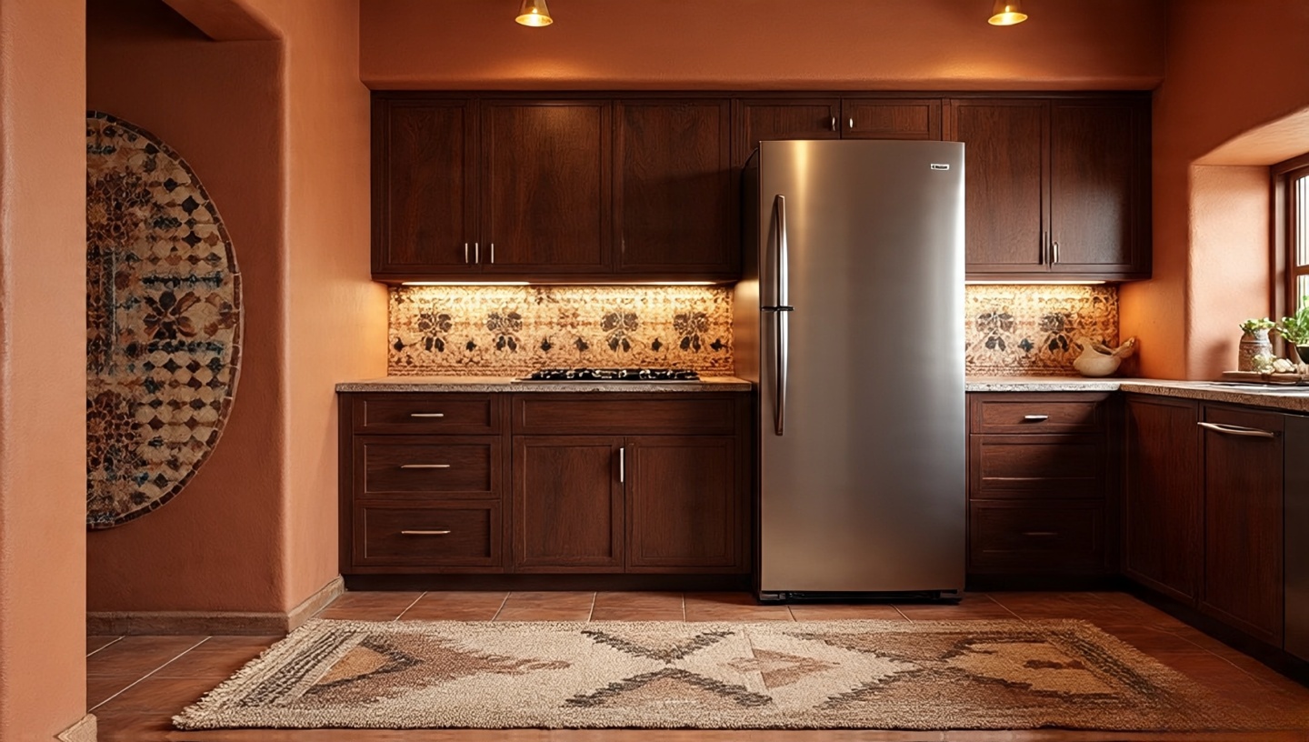 Southwestern kitchen with clay-red walls, patterned tiles, and brushed steel fridge