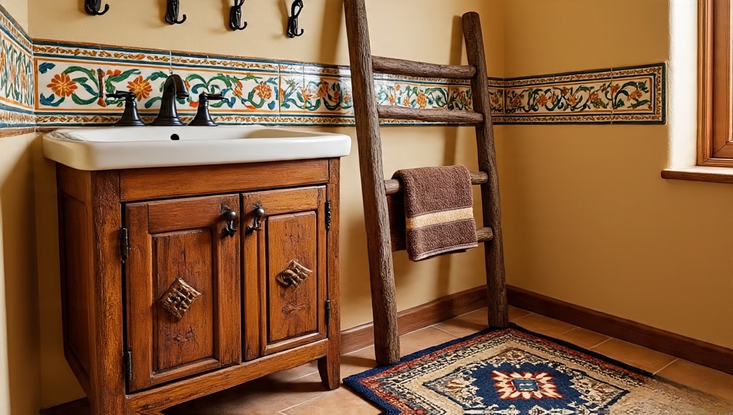 Southwestern bathroom vanity with Talavera tiles, iron towel hooks, ladder rack and patterned rug
