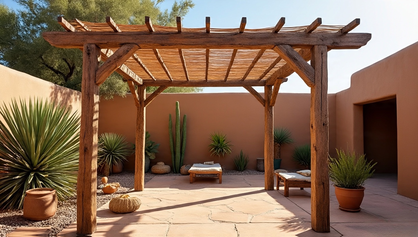 Rustic wooden pergola providing shade over Southwestern patio with hanging lanterns